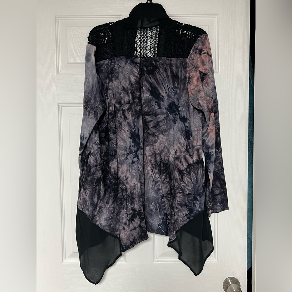LOGO by Lori Goldstein Purple and Gray Cardigan Featuring Sheer Hem & Open Back. - Picture 15 of 15